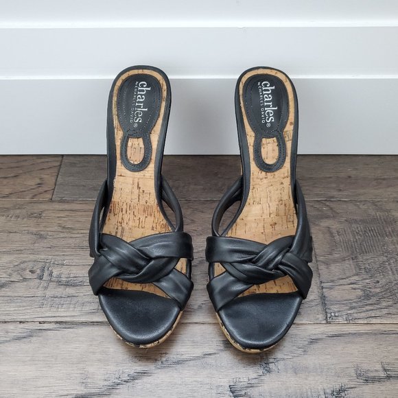 Charles David Platform Open Toe high heel sandals Natural Cork and Black - Picture 1 of 7